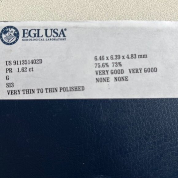 Princess Cut Diamond Engagement Ring 1.62 CT G SI3 Ideal EGL USA White Gold - Picture 9 of 11